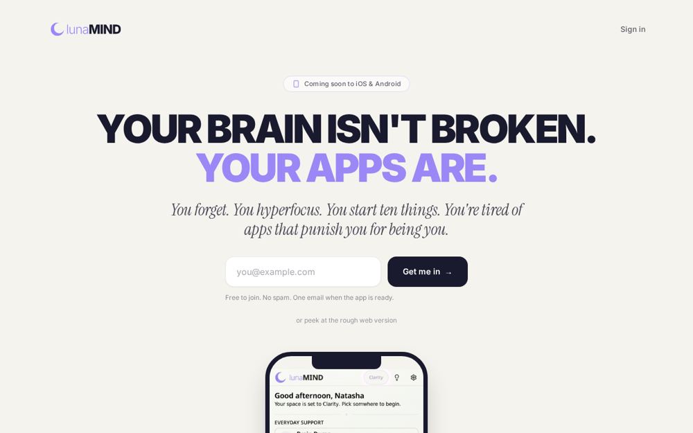 lunaMIND welcome screen, an ADHD support and planning application