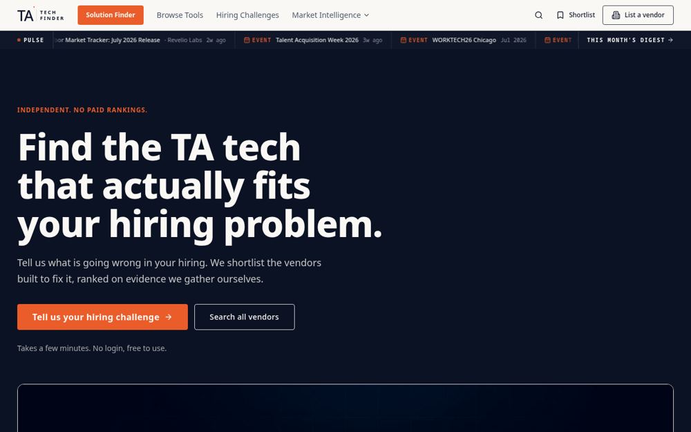 TA Tech Finder homepage showing independent intelligence for talent acquisition technology